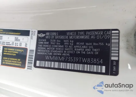 2009 Mini Cooper S from USA, damaged, VIN WMWMF73539TW83854